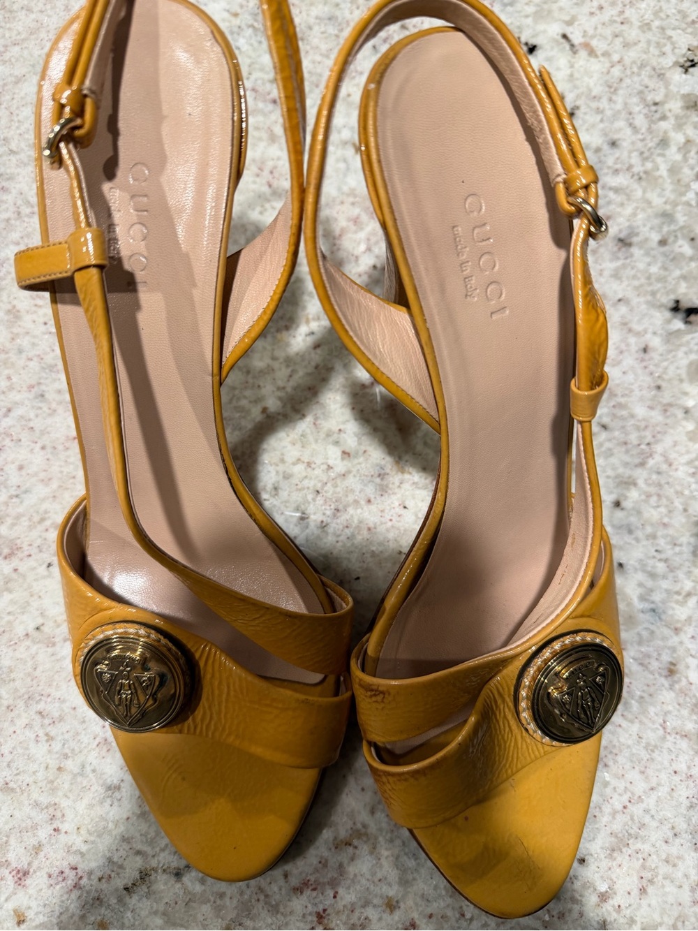 Gucci Mustard Yellow Leather Slingback Heels with Gold Medallions